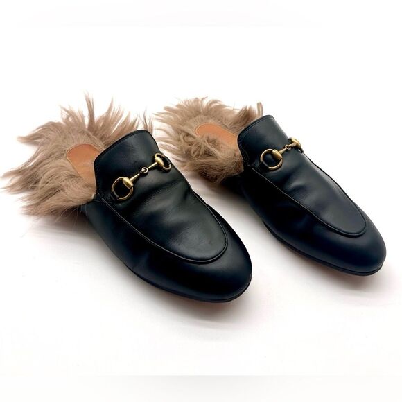 Gucci Princetown Fur Mule Black Horsebit SlipperShearling Loafer Flats EU37 US7 - Picture 1 of 10